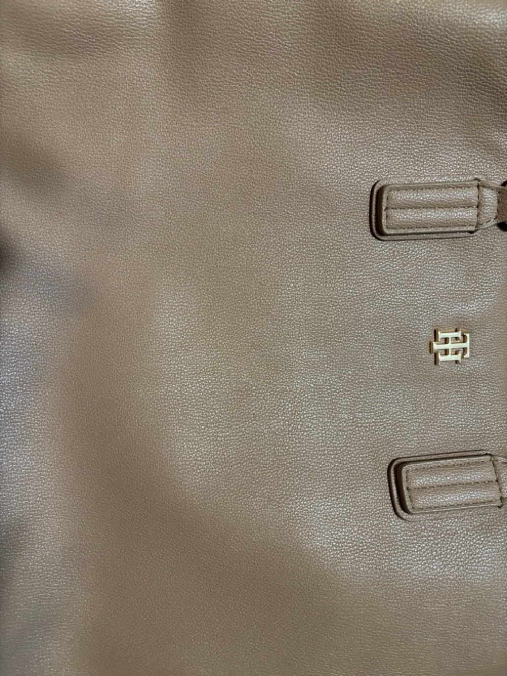 Tommy Hilfiger Taupe Pebble Leather Tote with Gold Logo Accent